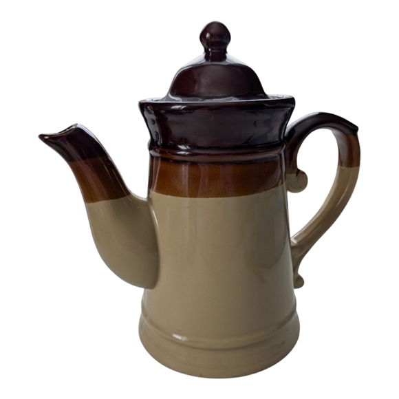 Vintage 70s Stoneware Tan Brown Glazed Tea Coffee Pot With Lid Chunky Farmhouse - Picture 1 of 9